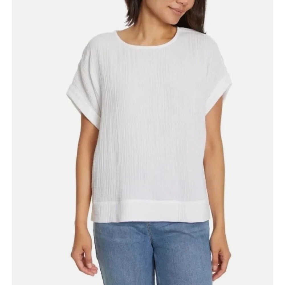Gloria Vanderbilt Women's Short Sleeve Cotton Gauze Pullover, White, XL, New